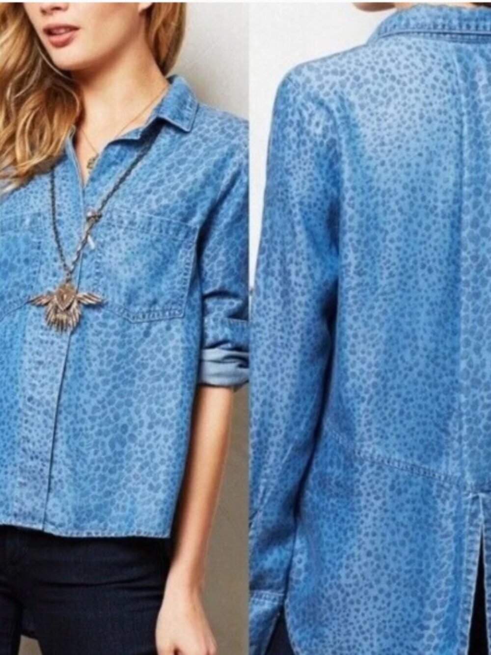 Anthropologie Cloth & Stone Leopard Chambray Denim Button Down Shirt Sz M